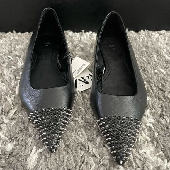 NWT Zara Studded Leather Ballet Flats - Picture 1 of 12